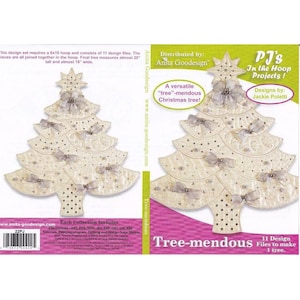 May include: A white and gold Christmas tree embroidery design pattern with a star on top and bows on each layer. The design is called "Tree-mendous" and is made up of 11 files. The pattern is distributed by Anita Goodesign.