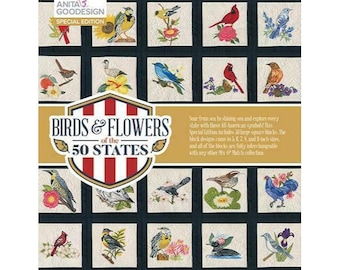 May include: A book cover with a red, white, and blue striped design. The title is "Birds & Flowers of the 50 States". The cover features a grid of colorful embroidered images of birds and flowers.