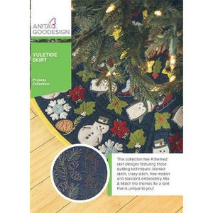 May include: A blue and white quilted Christmas tree skirt with a variety of winter-themed designs, including penguins, snowmen, and holly. The text "YULETIDE SKIRT" and "Projects Collection" is printed on the top left corner of the image.