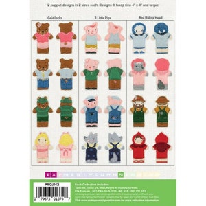 May include: A sheet of paper with 12 different finger puppet designs in two sizes. The designs are for Goldilocks, the Three Little Pigs, and Red Riding Hood. The text on the sheet reads "12 puppet designs in 2 sizes each. Designs fit hoop size 4" x 4" and larger."