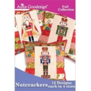 May include: A set of four colorful pillow designs featuring nutcracker illustrations. The designs include a red and white Santa Claus nutcracker, a blue and gold nutcracker, and two variations of a blue and gold nutcracker. The text "Nutcrackers 12 Designs each in 4 sizes" is printed below the pillows.