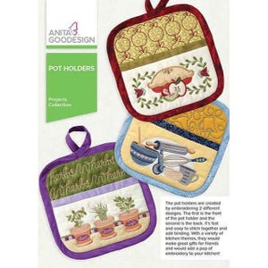 May include: Three quilted pot holders with different designs. The first is red with a green and yellow apple design. The second is yellow with a blue and white kitchen utensil design. The third is purple with a green and white herb design. The text "Pot Holders" and "Projects Collection" is visible in the top left corner.
