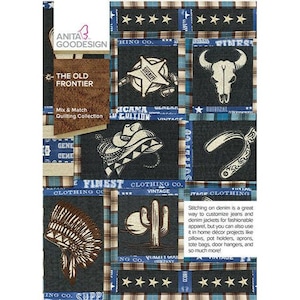 May include: A patchwork fabric design featuring a variety of western-themed motifs, including a sheriff's star, a cowboy hat, a cactus, a Native American headdress, and a skull. The fabric is a mix of blue, brown, and white plaid patterns. The text "The Old Frontier" and "Mix & Match Quilting Collection" is printed on the fabric.
