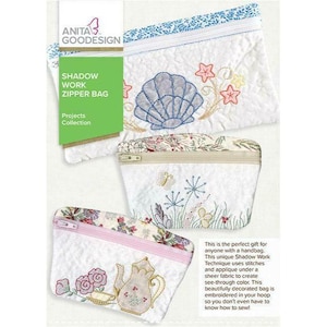 May include: White shadow work zipper bags with embroidered designs. One bag features a seashell, another has a butterfly and floral pattern, and the third showcases a teapot and roses. The bags are part of the Projects Collection.
