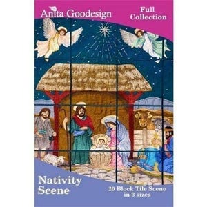 May include: A 20 block tile scene of the Nativity, featuring a manger with baby Jesus, Mary, Joseph, an angel, a cow, and a shepherd. The scene is set against a blue night sky with a star. The title "Nativity Scene" is printed at the bottom of the image, along with the text "20 Block Tile Scene in 3 sizes".