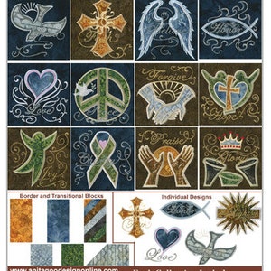 May include: A collection of 200 embroidery designs for quilting. The designs feature religious themes, including doves, crosses, peace signs, and hands in prayer. The designs are available in a variety of sizes, from 1.2 inches to 7.8 inches. File formats include ART, PES, HUS, XXX JEF, EXP, DST, VIP, and PXF.  The designs are not compatible with all sewing systems. Check your hoop size before purchasing. Designs may be sewn and sold in limited quantities.