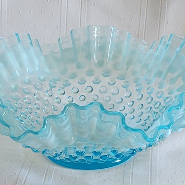 Vintage Fenton Blue Opalescent Ruffled Hobnail Bowl