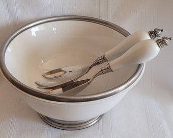 Godinger Porcelain and Silver Plate Salad Serving Bowl with Utensils