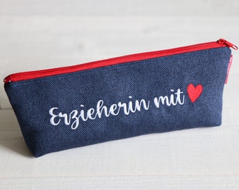 Pencil case educator with HEART, gift, embroidered blue red, educator farewell gift