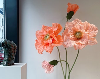 4 Peach and Coral Free Standing Poppies - Large Paper Flowers Poppies with Buds - Big Standing Paper flowers with Stems and metal Stand