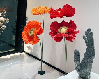 Standing Oversized Paper Poppies - Giant Paper Poppies - Standing on its own paper flowers - Metal Base Included
