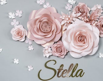 Rose Gold Paper Flowers and Name in Gold - paper Flowers Wall Decor Nursery with Name Sign  (code:#184)