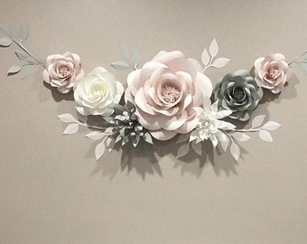 Wall Decor Paper Flowers - Blush, White and Light Grey Set of Paper Flowers  (code:#140)