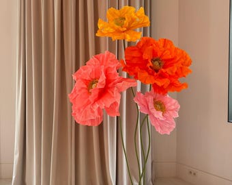 4 Large Big Paper Flowers with Stem and metal Base