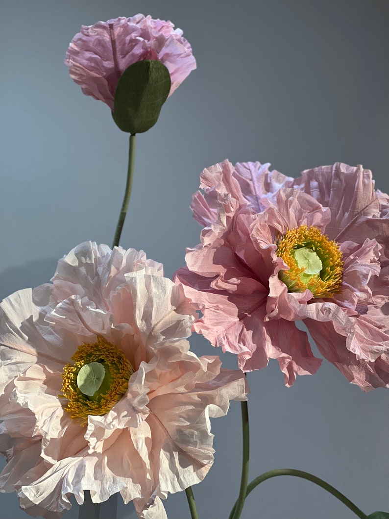 4 coquelicots roses sur pied Grandes fleurs en papier avec boutons Grandes fleurs en papier sur pied avec tiges et support en métal image 4