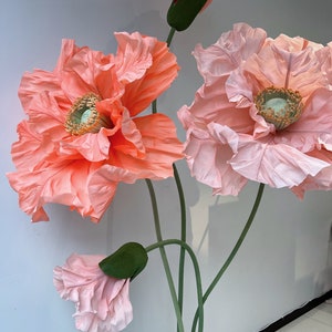 4 Peach and Coral Free Standing Poppies - Large Paper Flowers Poppies With Buds - Big Standing ...