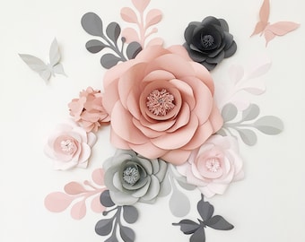 Royal Paper Flower Set in Light grey, Dusty Rose and Grey - Elegant Paper Flowers - Dusty Rose and Grey Nursery Paper Flowers (code#109)