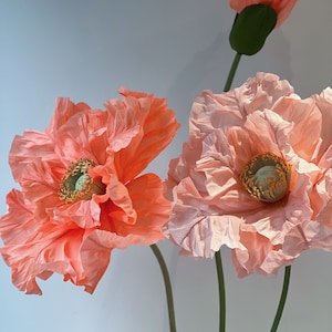4 Peach and Coral Free Standing Poppies - Large Paper Flowers Poppies With Buds - Big Standing ...