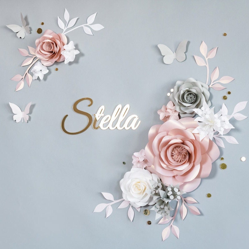 Fertig zum Aufhängen Papierblumen Kinderzimmer - Kinderzimmer Papierblumen - Papierblumen Rosegold, Weiß und Hellgrau, Wandblumen (Code:#187)