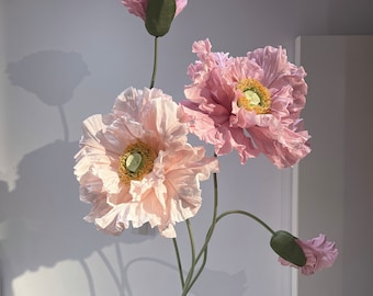 4 Pink Free Standing Poppies - Large Paper Flowers Poppies with Buds - Big Standing Paper flowers with Stems and metal Stand