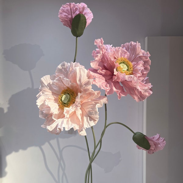 4 Pink Free Standing Poppies - Large Paper Flowers Poppies with Buds - Big Standing Paper flowers with Stems and metal Stand