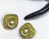 Vintage KJL (Kenneth Jay Lane) Satin Green Faux Pearl Cabochon and Peridot Coloured Rhinestones Earrings