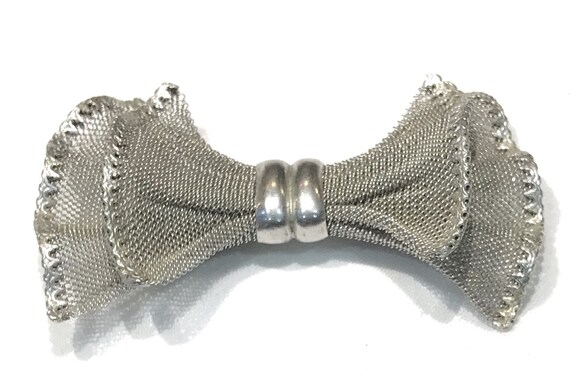 Nice Large Vintage Silver Tone Double Mesh Bow Br… - image 3