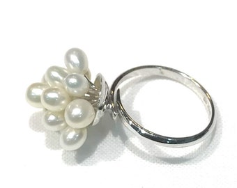 Pretty Sterling Cultured Pearl Cluster Ring (Adjustable)