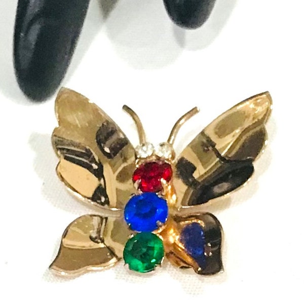 Nice Vintage Coro Craft Sterling Gold Vermeil Rhinestone Butterfly Brooch