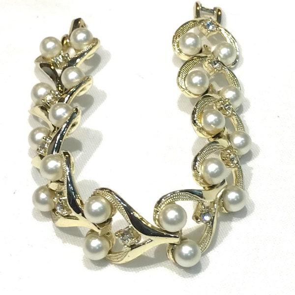 Vintage Kramer Faux Pearl and Rhinestone Open Work Bracelet