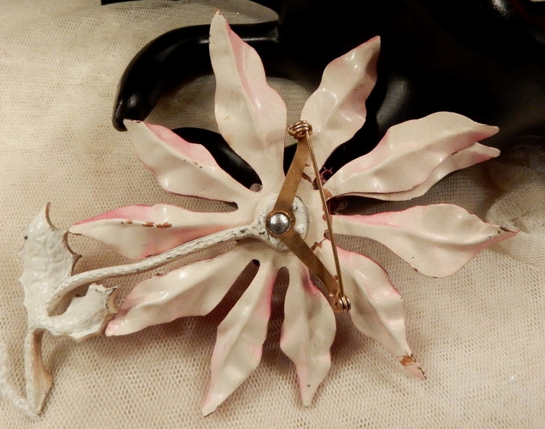 Large Vintage Red Enamel Metal Pointsettia Brooch