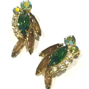 Beautiful Vintage  Juliana D & E Dark Topaz, Green, Ab and Clear Rhinestone Ear Climber Style Earrings