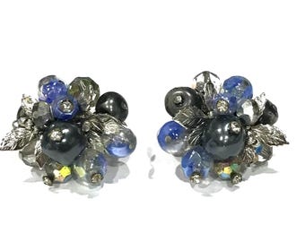 Vintage Vendome Blue Givre Glass Bead Clip On Earrings