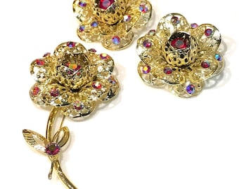 Vintage Sarah Coventry &quot;Fashion Flower&quot;   Floral Red Siam AB Rhinestone Filigree Brooch and Earrings (Bookpiece)