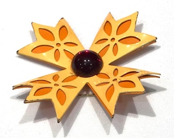 Nice Vintage Orange and Peach  Enamel on Metal Maltese Cross Brooch