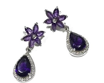 Vintage Sterling Silver Amethyst Floral Dangle Earrings with CZ