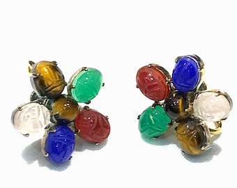 Vintage Gold Vermeil Sterling Scarab Gemstone Flower Earrings