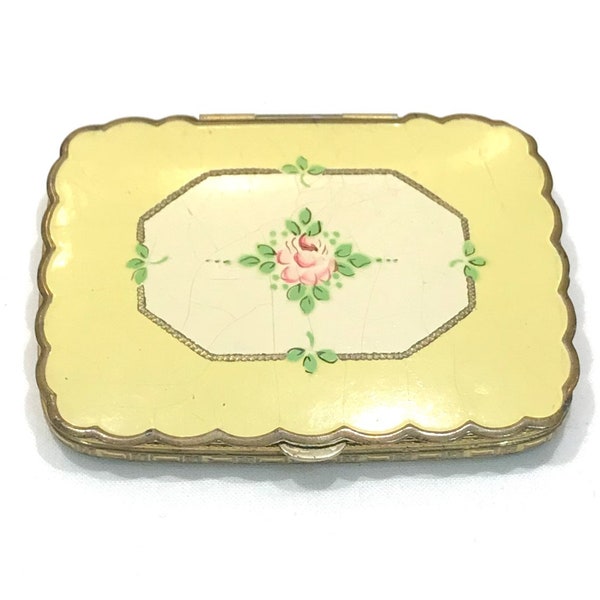 Pretty Vintage Light Yellow, White  Floral Scene Enamel Brass Compact