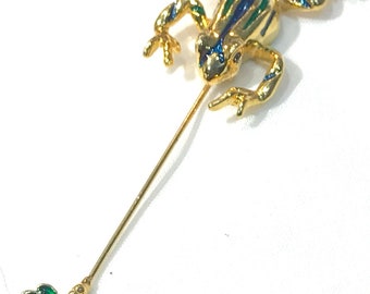 Nice Vintage BLue, Green and Black Enamel Frog Stick Pin