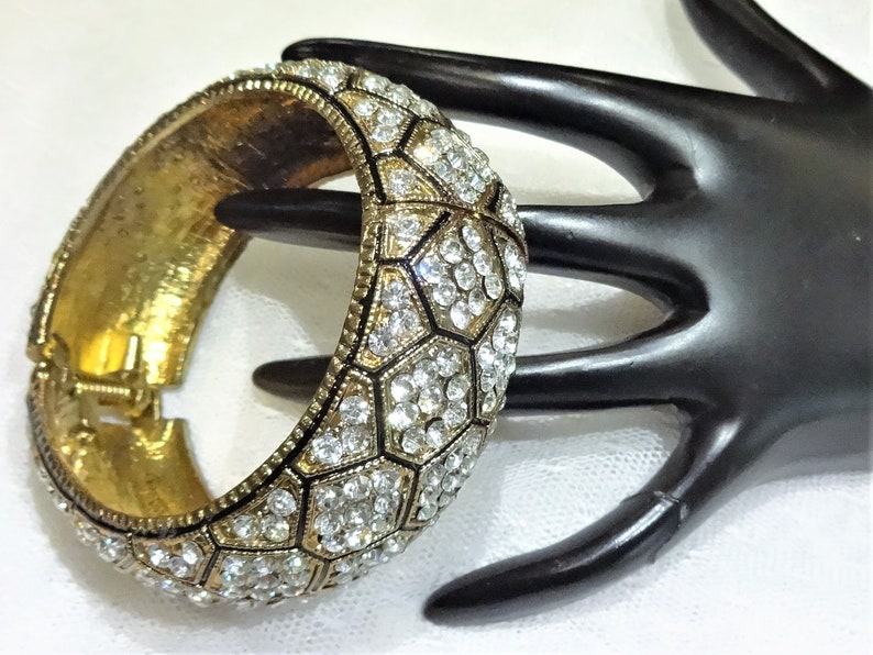 Beautiful Vintage Clear Rhinestone and Black Enamel Honeycomb Pattern Hinged Bangle