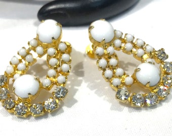 Nice Vintage Milk Glass and Clear Rhinestone Dangle Earrings (Screw Backs)