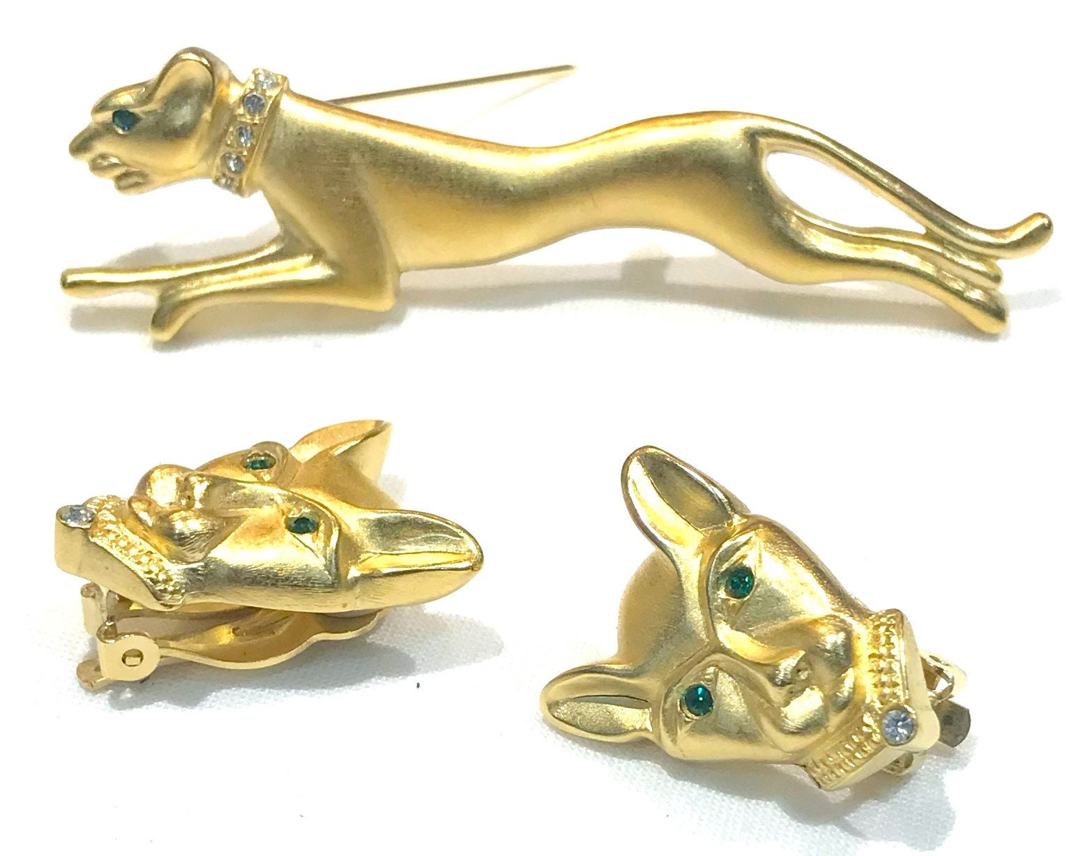 Nice Vintage Jackie Collins Satin Gold Tone Green and Clear