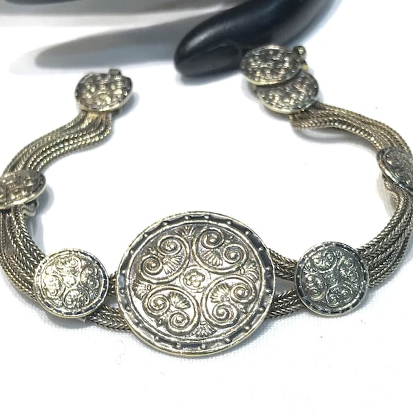 Vintage Sterling Silver Anatoli Ornate Medallion Foxtail Link Chain Bracelet