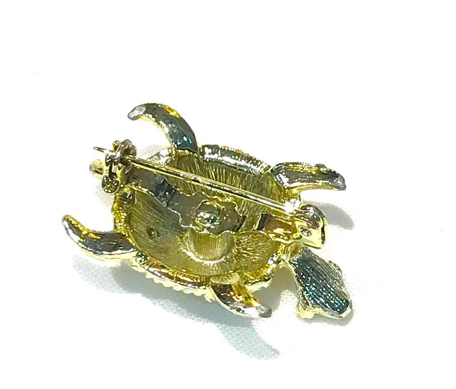 Broche Tortue Cloisonnée Rouge Et Noir Avec Strass Blancs - Métal Doré - Occasion Bon état