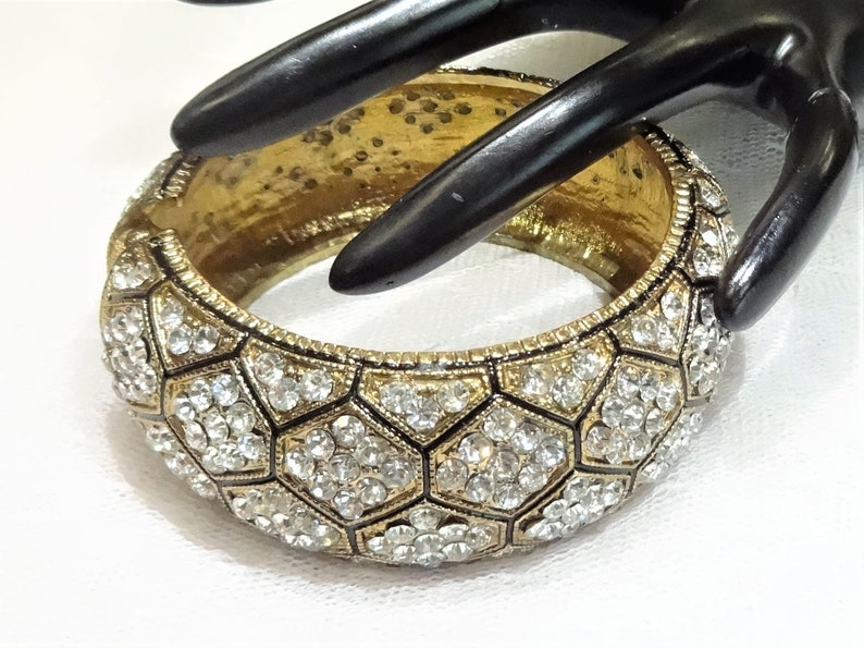 Beautiful Vintage Clear Rhinestone and Black Enamel Honeycomb Pattern Hinged Bangle