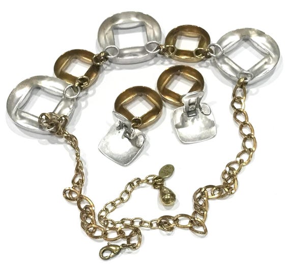 Vintage Marjorie Baer SF Mixed Metal Open Work Square Necklace and Earrings