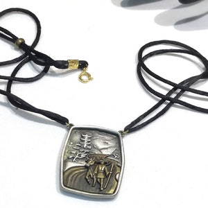 Nice Vintage JJ Jonette Asian Country Scene Pewter and Brass Pendant with Black Silk Cord Pendant