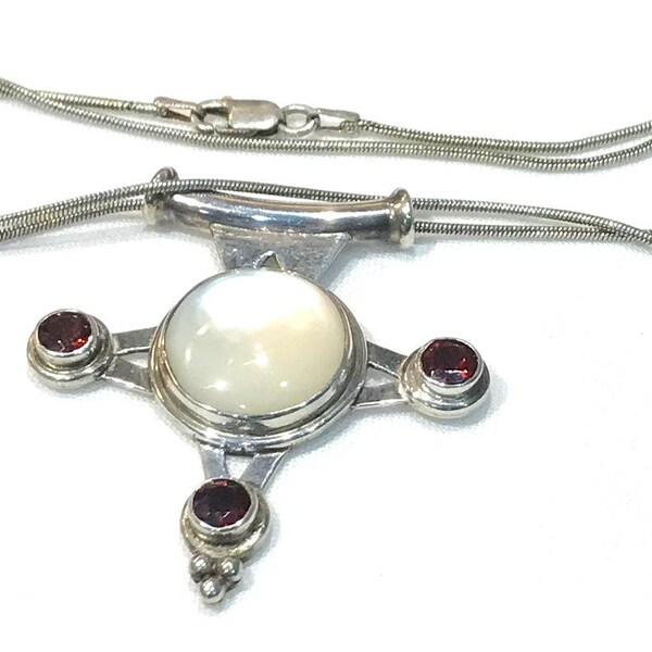 Beautiful Vintage Sajen Sterling Silver MOP and Garnet Stone Cross Style Pendant