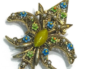 Vintage   Art (Arthur Pepper)  Faux Seed Pearl Blue, Green, Orange and Yellow Enamel   Fleur de lis  Style Brooch