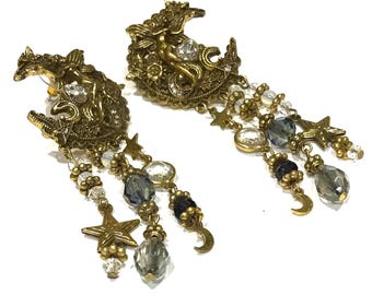 Pretty Vintage Angel Cherub AB, Smoky, Black Opalescent Bead  Dangle Earrings (Pierced)